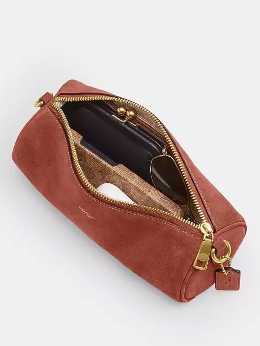 Coach Barrel Bag in Brass/Clay Orange/Brown Suede & Refined Calf Leather NWT - Picture 8 of 15